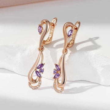 Awesome 14K Filled Rose Gold Luxury Purple AAA Zirconia Diamond Vintage Long Earrings For Women - Fine Jewellery